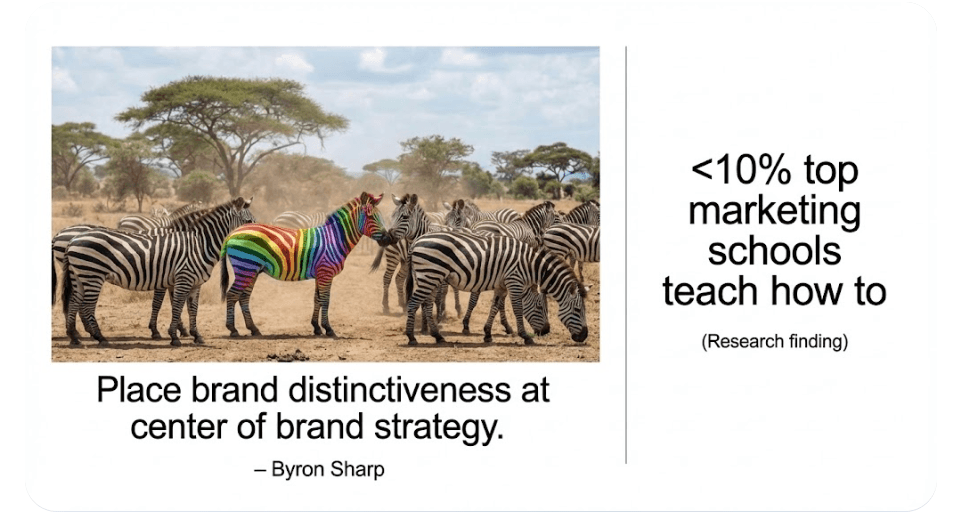 A rainbow-coloured zebra stands out in a herd of plain zebras — Byron Sharp on placing brand distinctiveness at the centre of brand strategy.